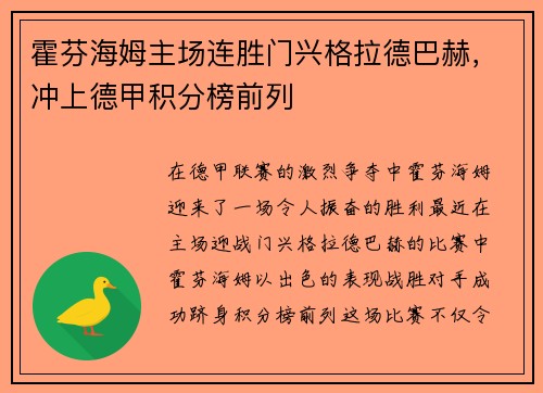 霍芬海姆主场连胜门兴格拉德巴赫，冲上德甲积分榜前列